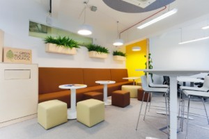 Image of the soft office furniture and sit-stand table provided for the UKGBC office by Rype Office